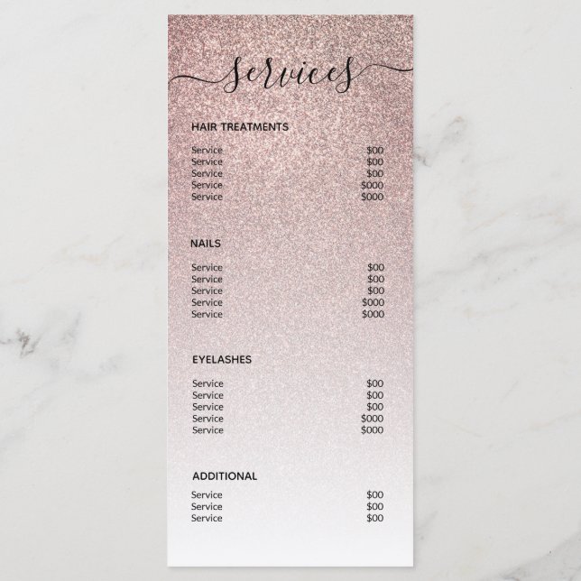 Rose Gold Glitter Hair Salon Makeup Artist Service Menu (Back)