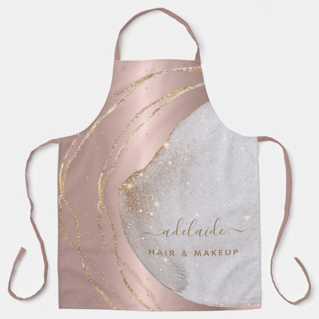 Rose Gold Glitter Hair Stylist Script Salon Name Apron (Front)