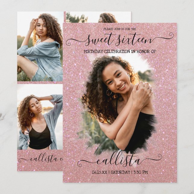 Rose Gold Glitter Halo Photo Collage Sweet 16 Invitation (Front/Back)
