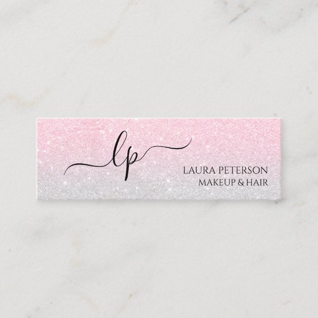 Rose gold glitter handwritten script calligraphy mini business card (Front)