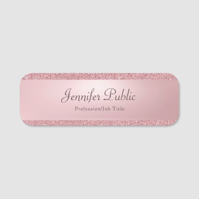 Rose Gold Glitter Handwritten Script Name Elegant Tag (Front)
