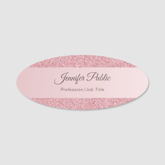 Rose Gold Glitter Handwritten Script Template Name Tag (Front)