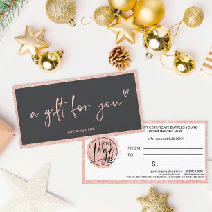 Rose Gold glitter heart grey logo gift certificate