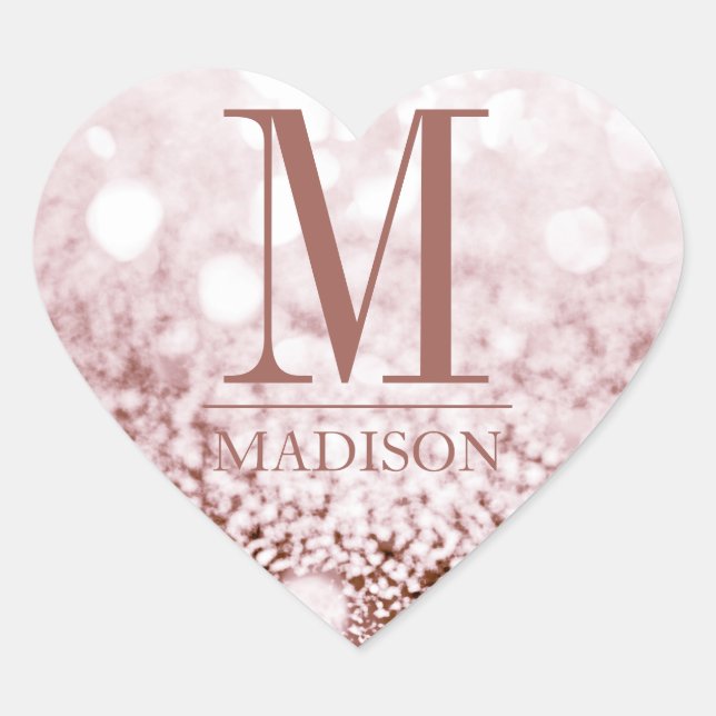 Rose Gold Glitter Heart Name Initial Monogram Sticker (Front)