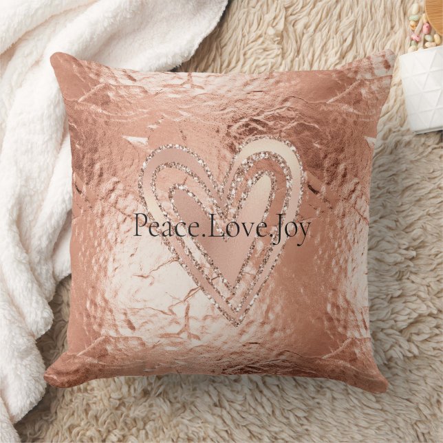 Rose Gold Glitter Heart Peace Love Joy Quote Cushion (Blanket)