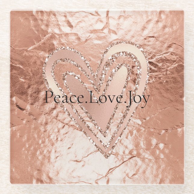 Rose Gold Glitter Heart Peace Love Joy Quote Glass Coaster (Front)