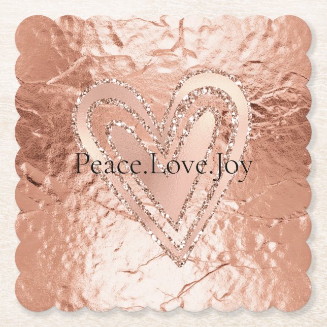 Rose Gold Glitter Heart Peace Love Joy Quote Paper Coaster (Front)