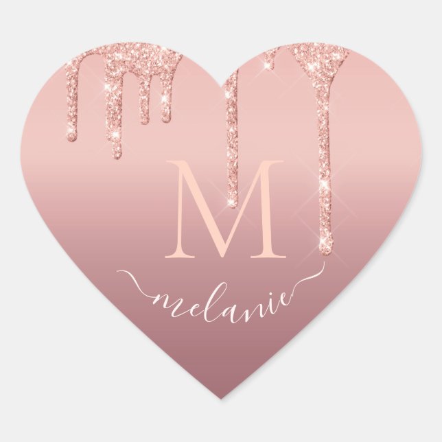 Rose Gold Glitter Heart Sticker Custom Name Letter (Front)