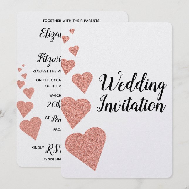 Rose Gold Glitter Hearts Wedding Invitation (Front/Back)