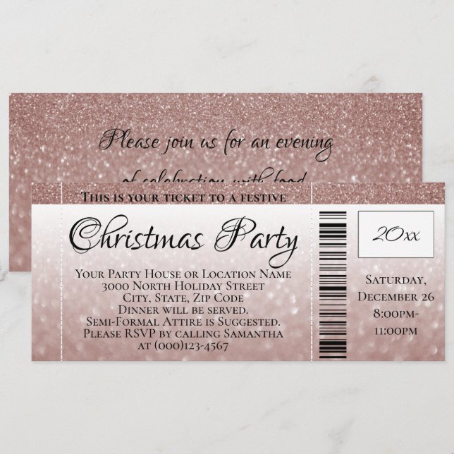 Rose Gold Glitter Holiday Christmas Party Ticket Invitation (Front/Back)
