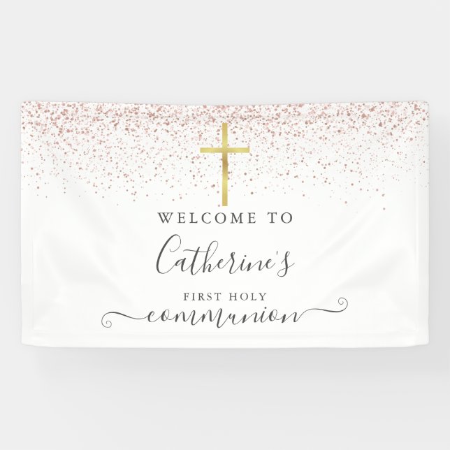 Rose Gold Glitter Holy Communion Welcome Banner (Horizontal)
