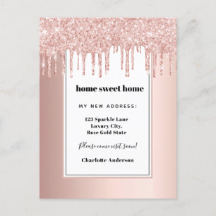 Rose gold glitter home sweet home moving announcement postcard
