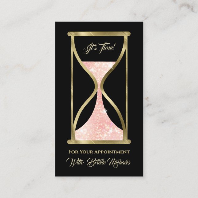 Rose Gold Glitter Hourglass Hair and Makeup Appointment Card (Front)