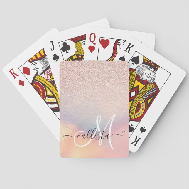 Rose Gold Glitter Iridescent Holographic Gradient Playing Cards (Back)
