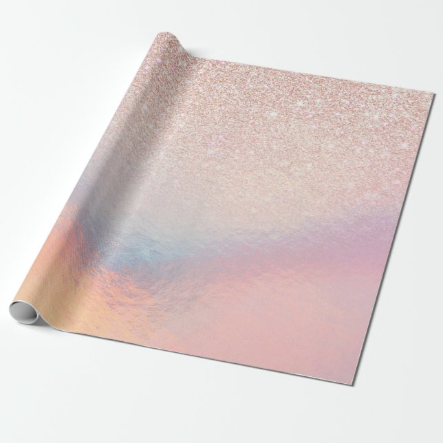 Rose Gold Glitter Iridescent Holographic Gradient Wrapping Paper (Unrolled)