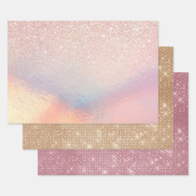 Rose Gold Glitter Iridescent Holographic Gradient Wrapping Paper Sheet (Set)