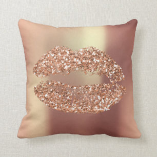 Rose Gold Glitter Kiss Lips Glam Makeup Copper Cushion