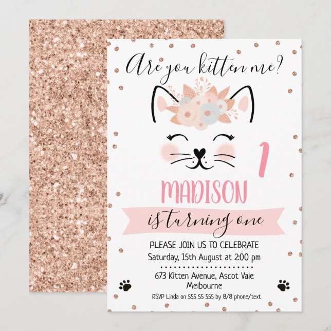 Rose gold glitter kitten me birthday invitation (Front/Back)