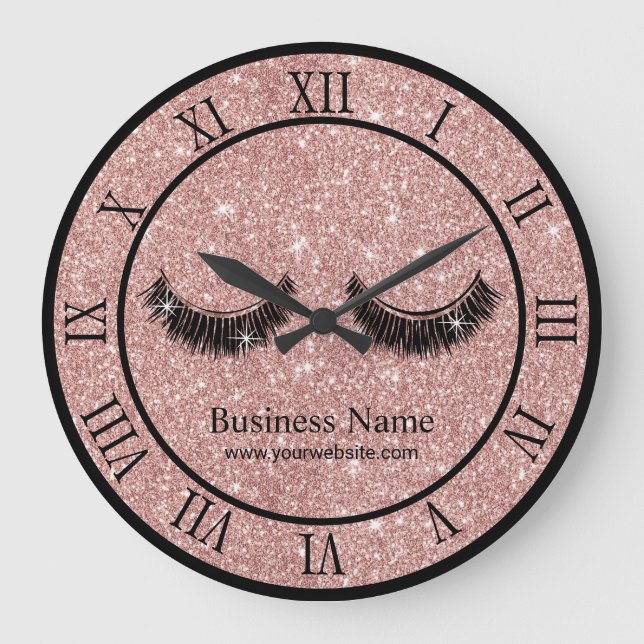 Rose Gold Glitter Lashes Makeup Artist Salon Large Clock (Front)