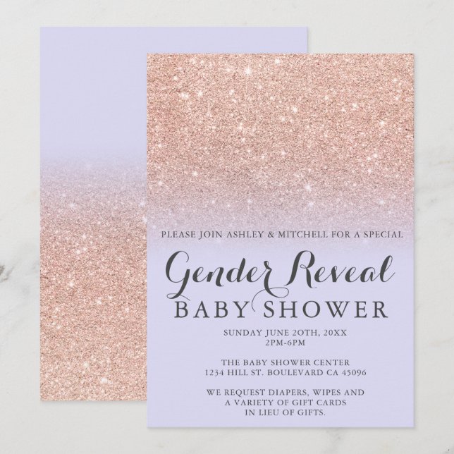 Rose gold glitter lavender gender reveal baby invitation (Front/Back)
