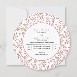 Rose gold glitter leaves pattern modern wedding invitation