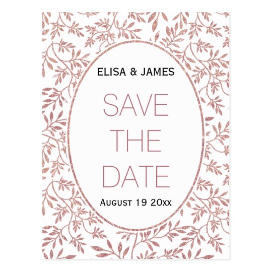 Rose gold glitter leaves wedding Save the Date Postcard