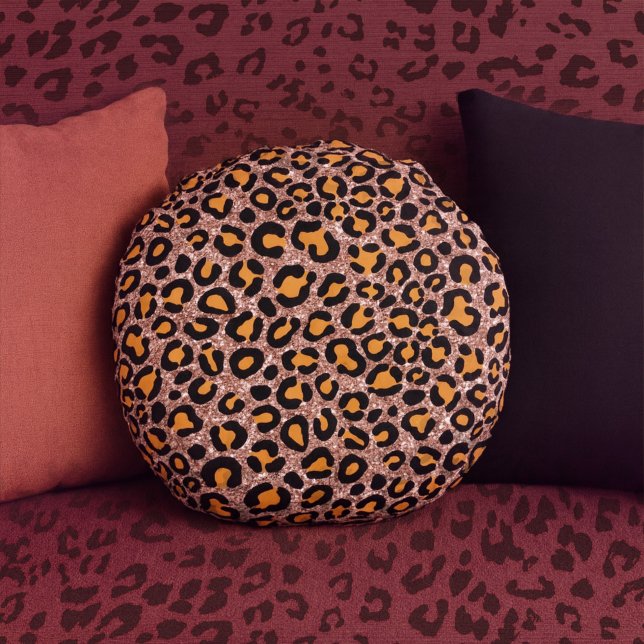    Rose Gold Glitter Leopard Girly Cheetah Pattern Round Cushion (Creator Uploaded)