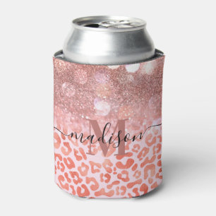 Rose Gold Glitter Leopard Print Can Cooler