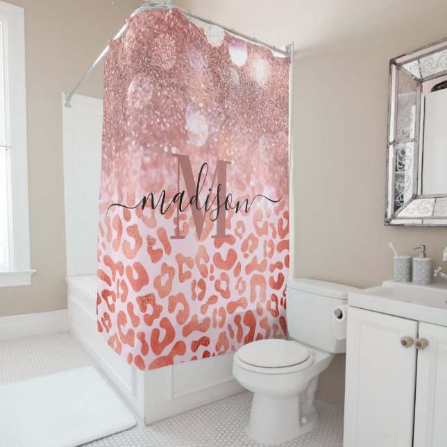 Rose Gold Glitter Leopard Print Shower Curtain (In Situ)
