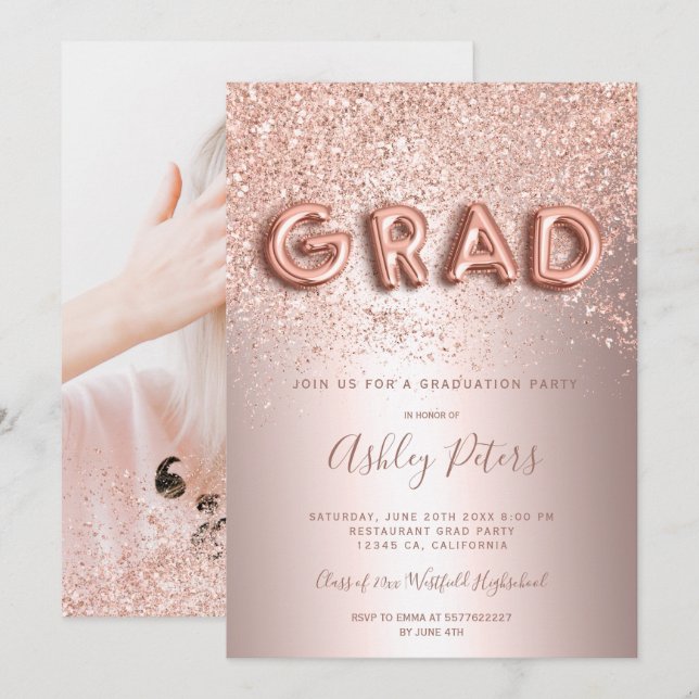 Rose Gold glitter letters foil photo graduation Invitation (Front/Back)