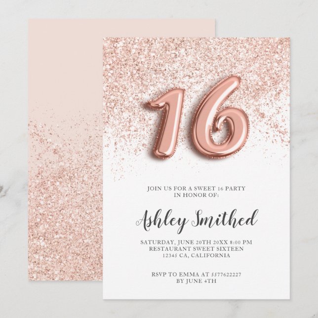 Rose gold glitter letters pink glam chic sweet 16 invitation (Front/Back)