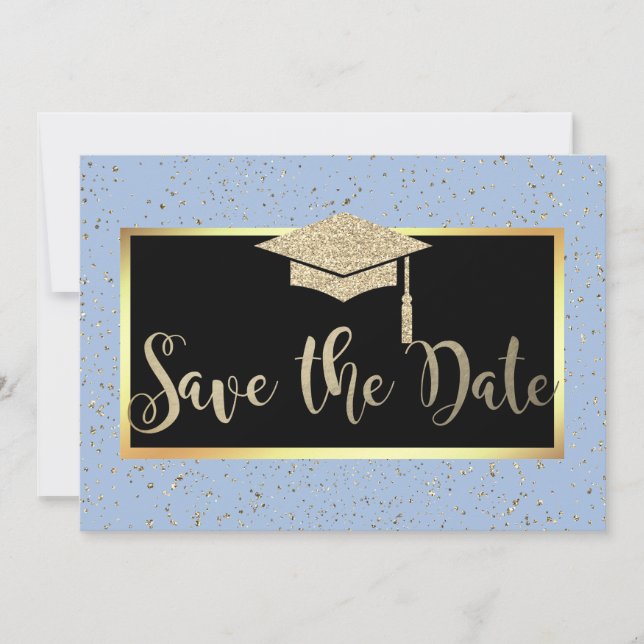 Rose Gold Glitter Light Blue Grad Save The Date (Front)