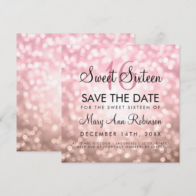 Rose Gold Glitter Lights Sweet 16 Save The Date Invitation (Front/Back)
