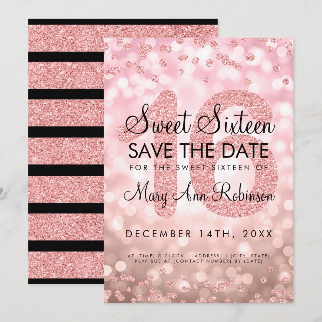 Rose Gold Glitter Lights Sweet 16 Save The Date Invitation (Front/Back)