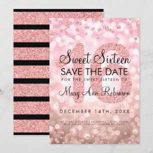 Rose Gold Glitter Lights Sweet 16 Save The Date Invitation
