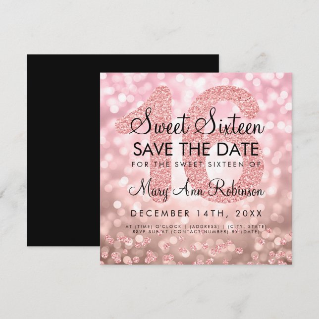 Rose Gold Glitter Lights Sweet 16 Save The Date Invitation (Front/Back)