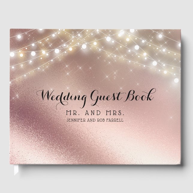Rose Gold Glitter Lights Wedding Guest Book (Front)