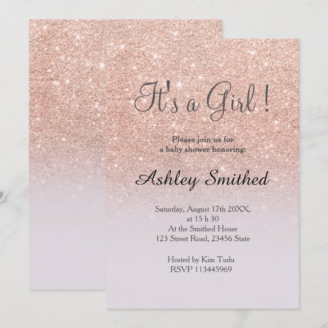 Rose gold glitter lilac ombre girl baby shower invitation (Front/Back)