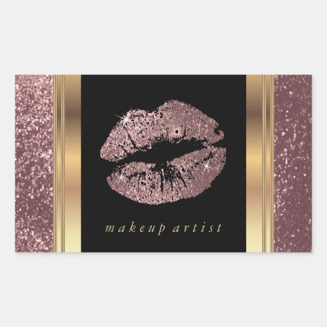 Rose Gold Glitter Lips and Elegant Gold Font Rectangular Sticker (Front)