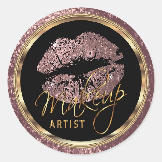Rose Gold Glitter Lips On Dark Rose Glitter Classic Round Sticker (Front)