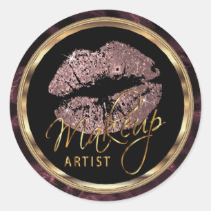 Rose Gold Glitter Lips On Dark Rose Marble Classic Round Sticker