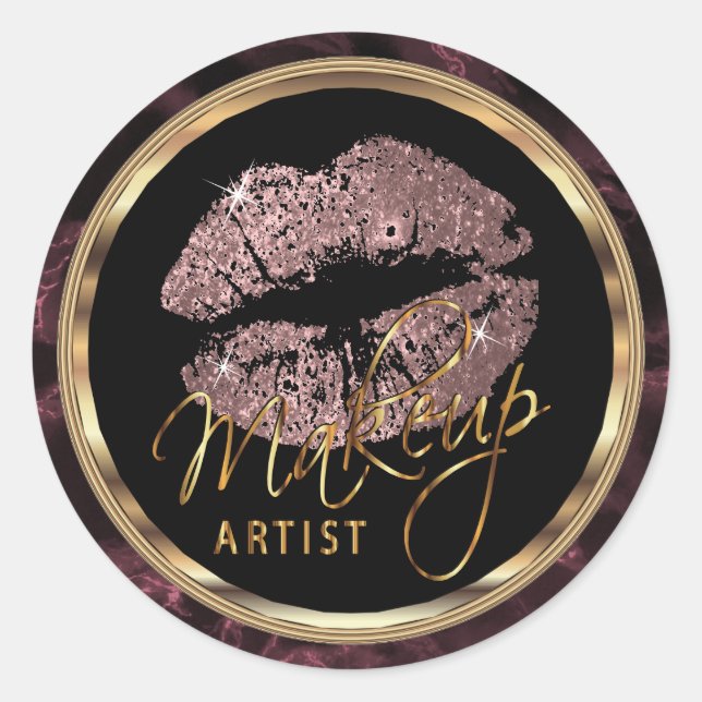 Rose Gold Glitter Lips On Dark Rose Marble Classic Round Sticker (Front)