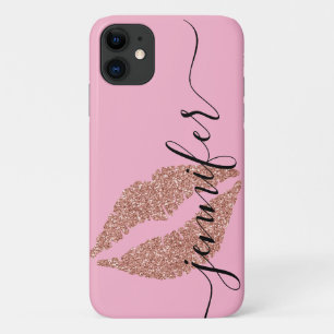 Rose Gold Glitter Lips, Personalised Pink iPhone 11 Case