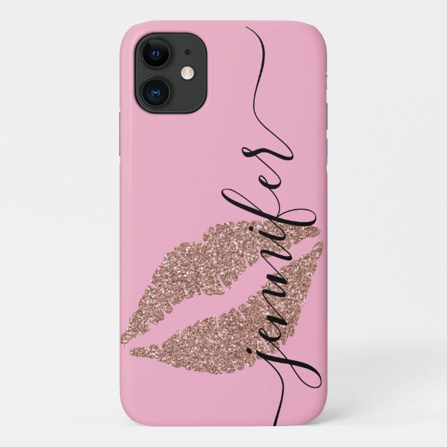 Rose Gold Glitter Lips, Personalised Pink Case-Mate iPhone Case (Back)