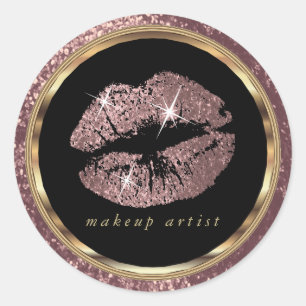 Rose Gold Glitter Lips with Gold Font Classic Round Sticker