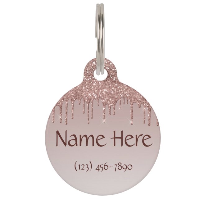 Rose Gold Glitter Liquid Drips Pet Tag (Front)