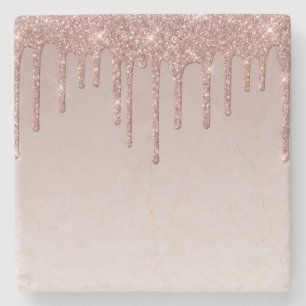 Rose Gold Glitter Liquid Drips Stone Coaster