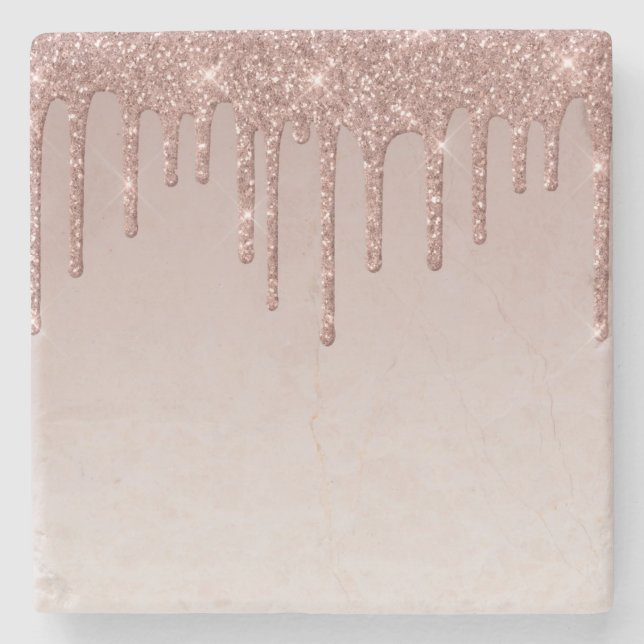 Rose Gold Glitter Liquid Drips Stone Coaster (Front)