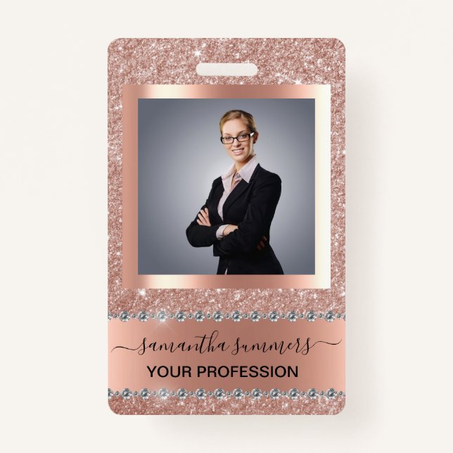 Rose Gold Glitter Look Bling Diamond Business ID Badge (Front)