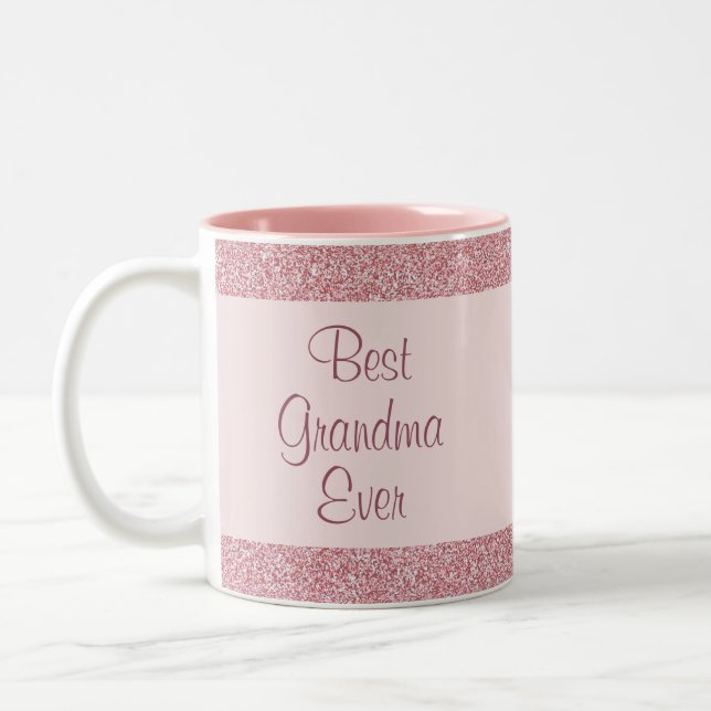 Rose Gold Glitter Look Cute Best Grandma Ever Two-Tone Coffee Mug (Left)